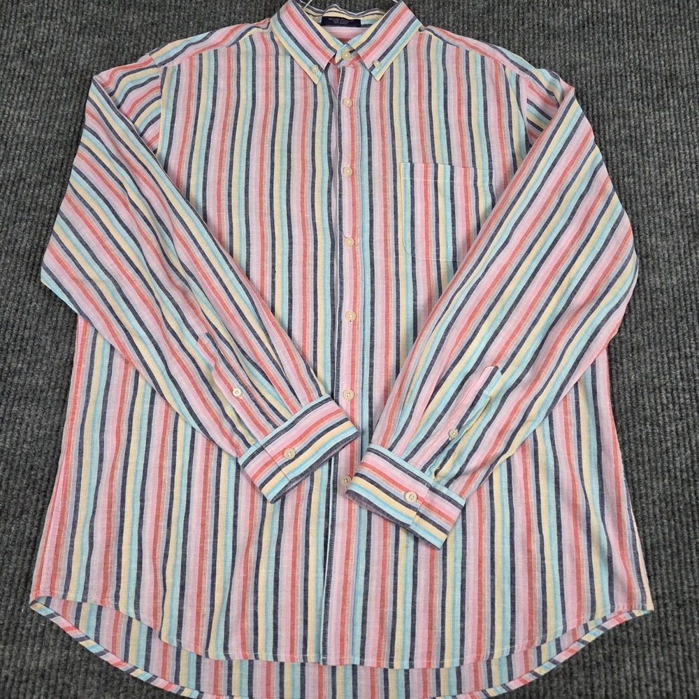 Alan‎ Flusser Mens XL Linen Cotton Striped Button Down Long Sleeve Shirt